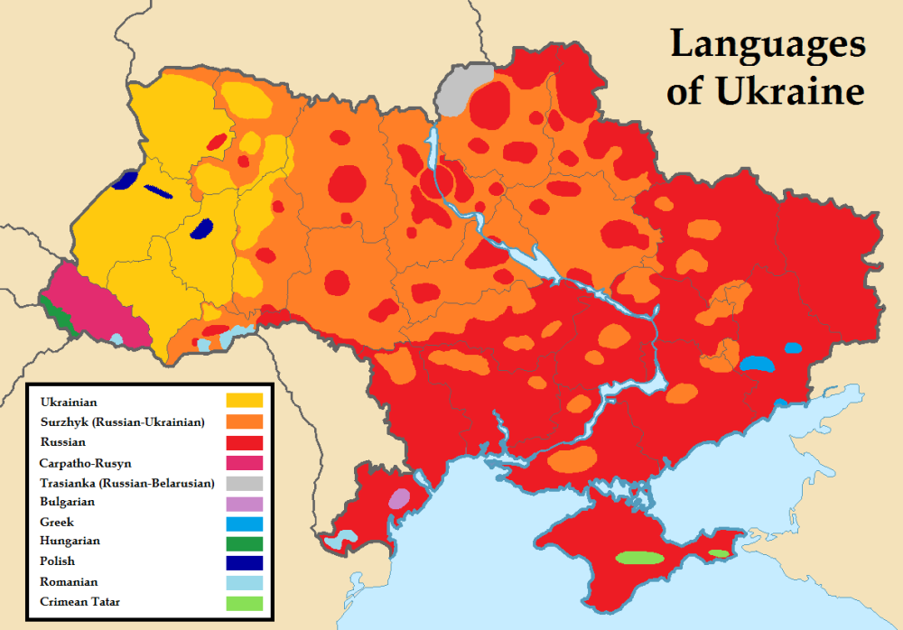 map of Ukraine with languages spoken in different regions